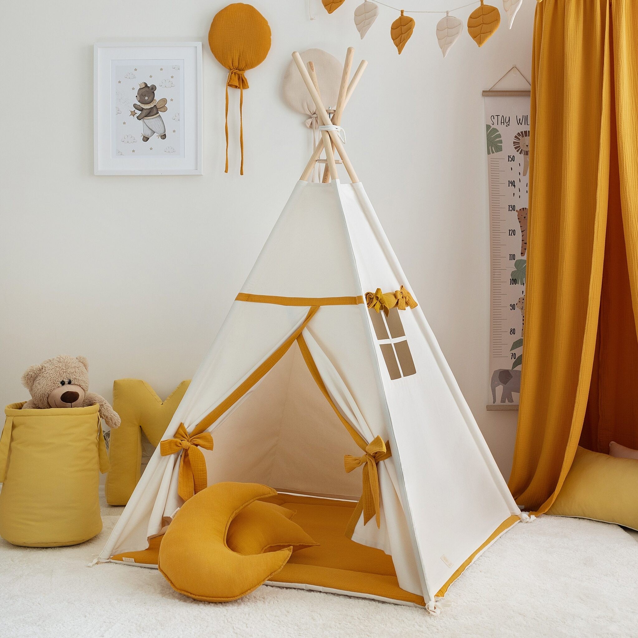 Tipi enfant beige et moutarde avec tapis – vue 2