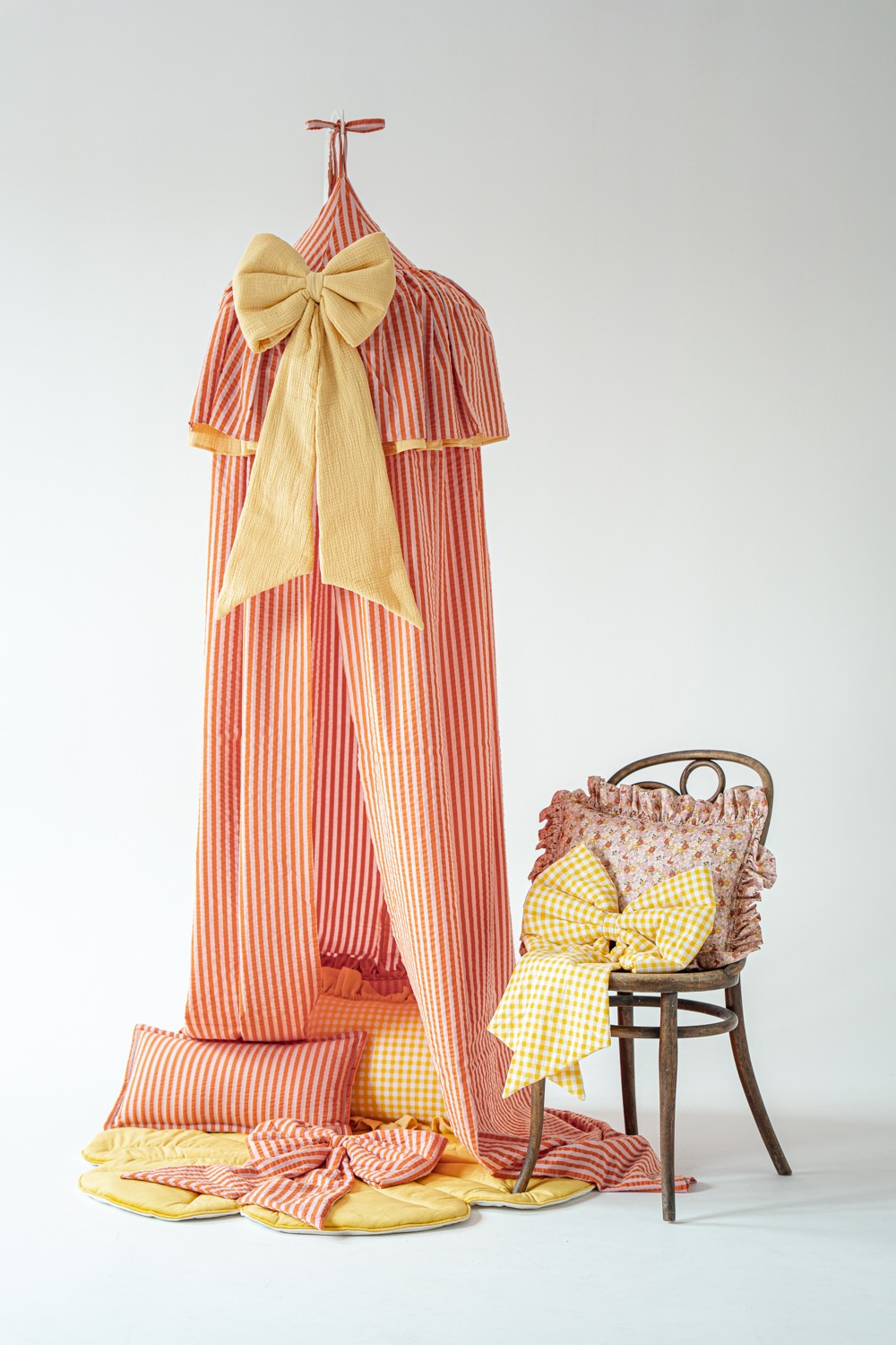 Ciel de lit en coton – Rayures roses et orange – vue 4