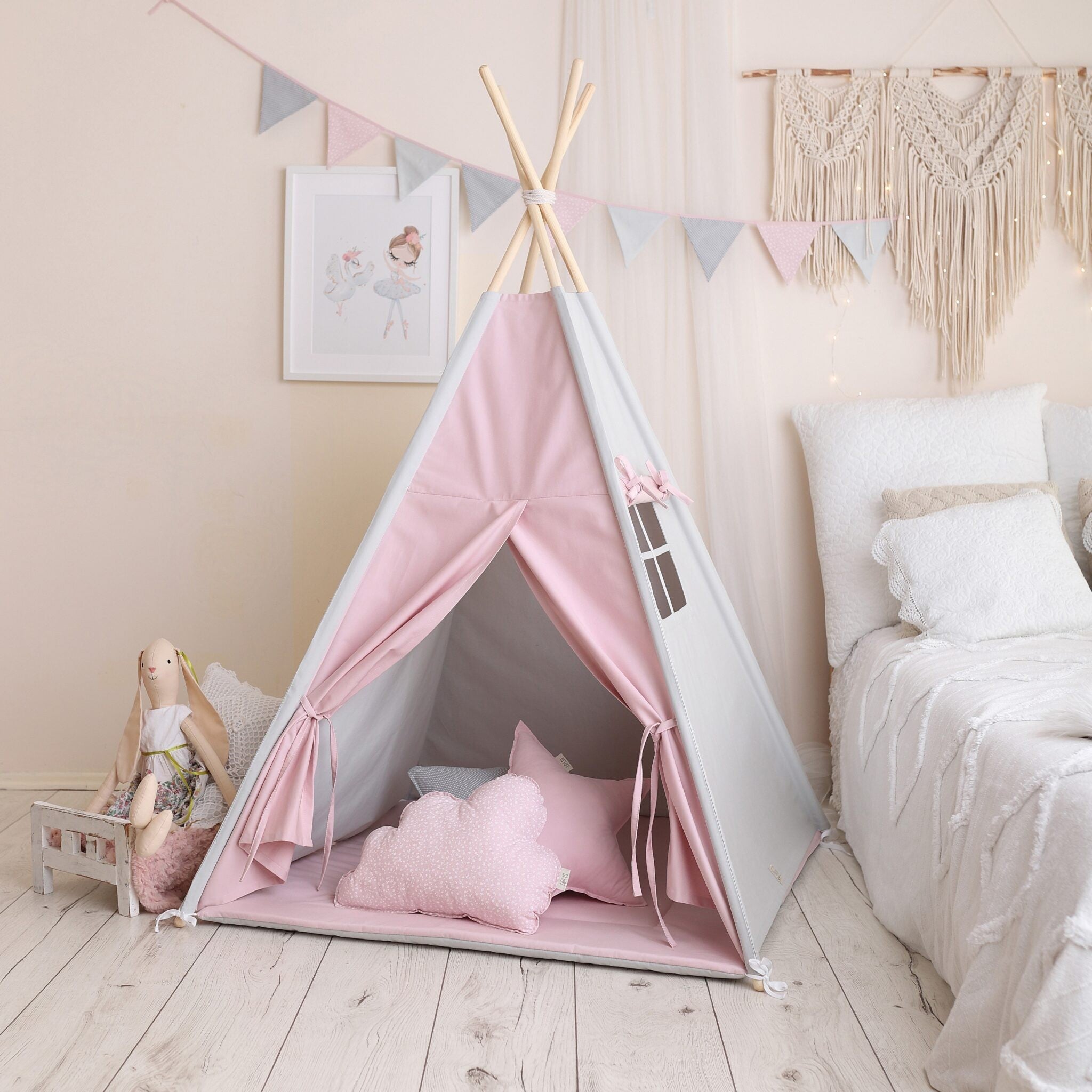Tipi enfant gris et rose avec tapis – vue 2