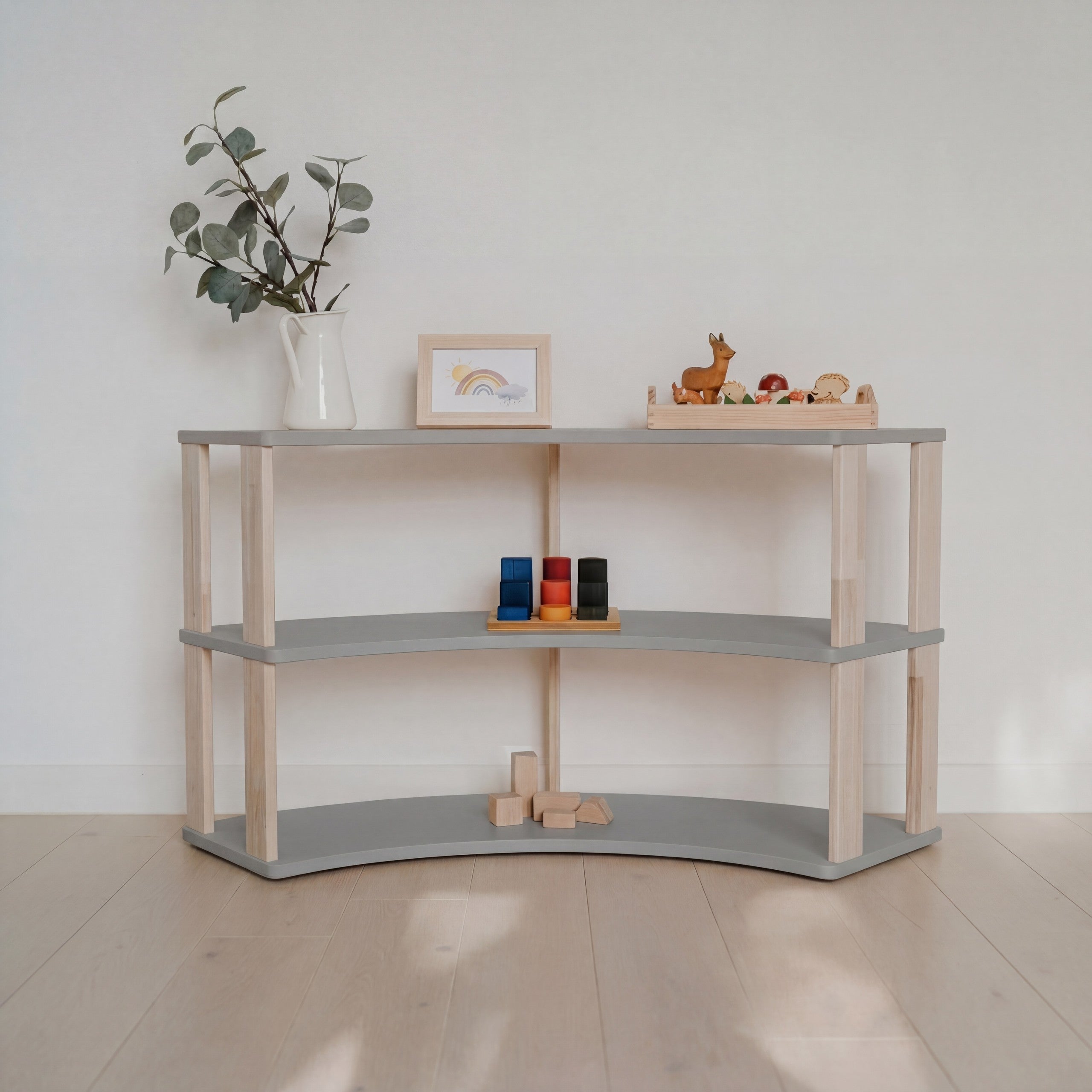 Modular Montessori Shelf Arch - 3 Shelves - Light grey/clear oil