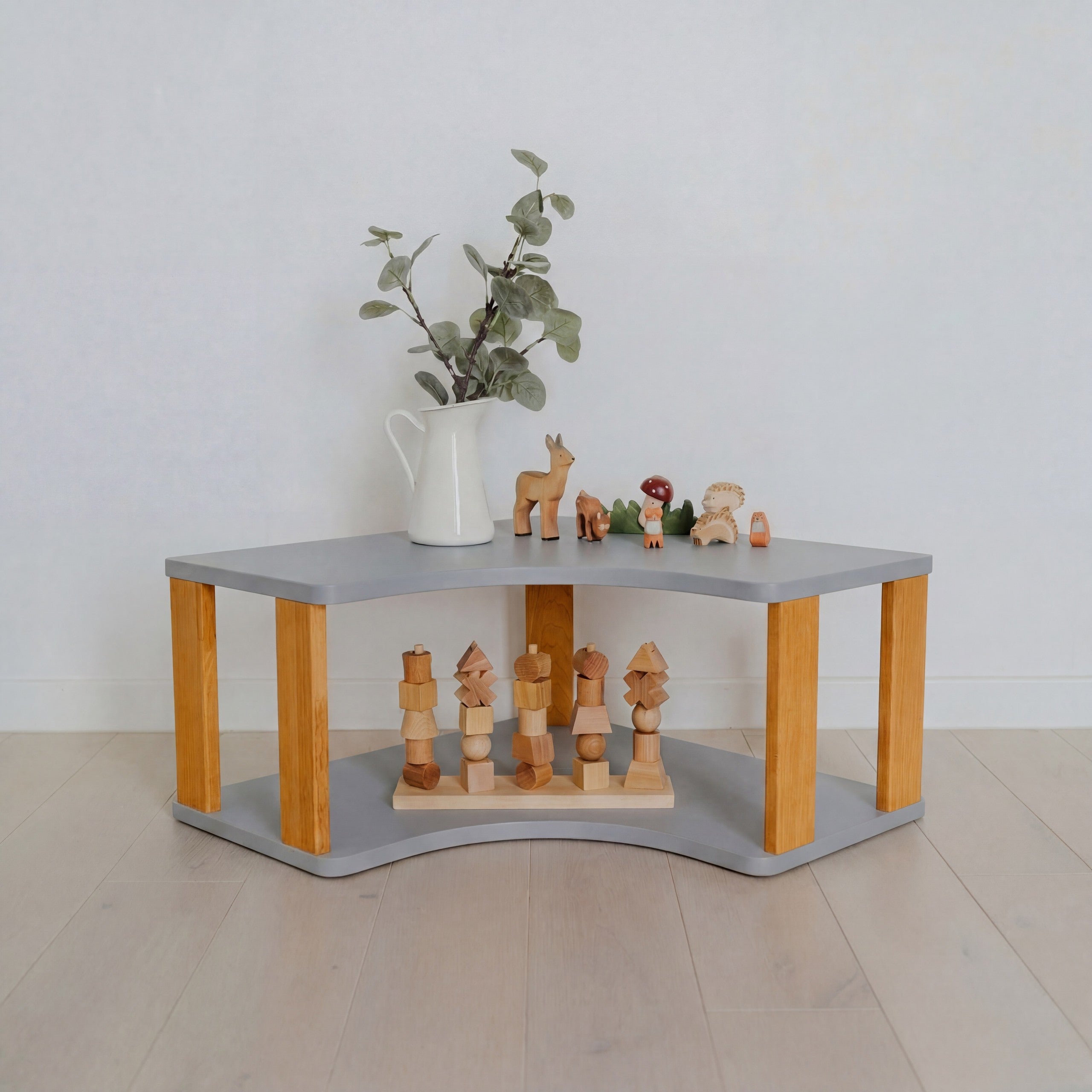 Modular Montessori Shelf Corner - 2 Shelves - Light grey/brownish Oil
