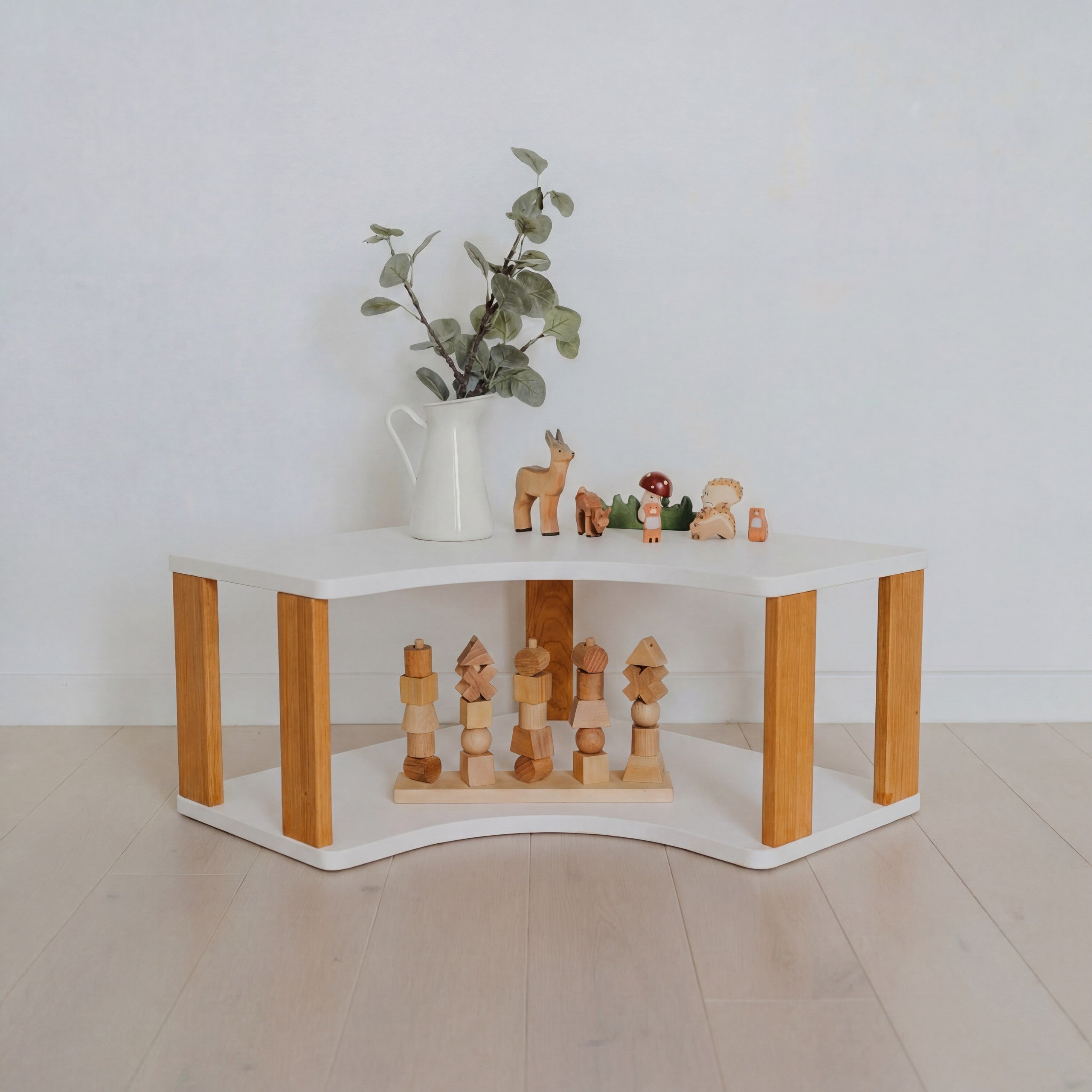 Modular Montessori Shelf Corner - 2 Shelves - White/brownish Oil