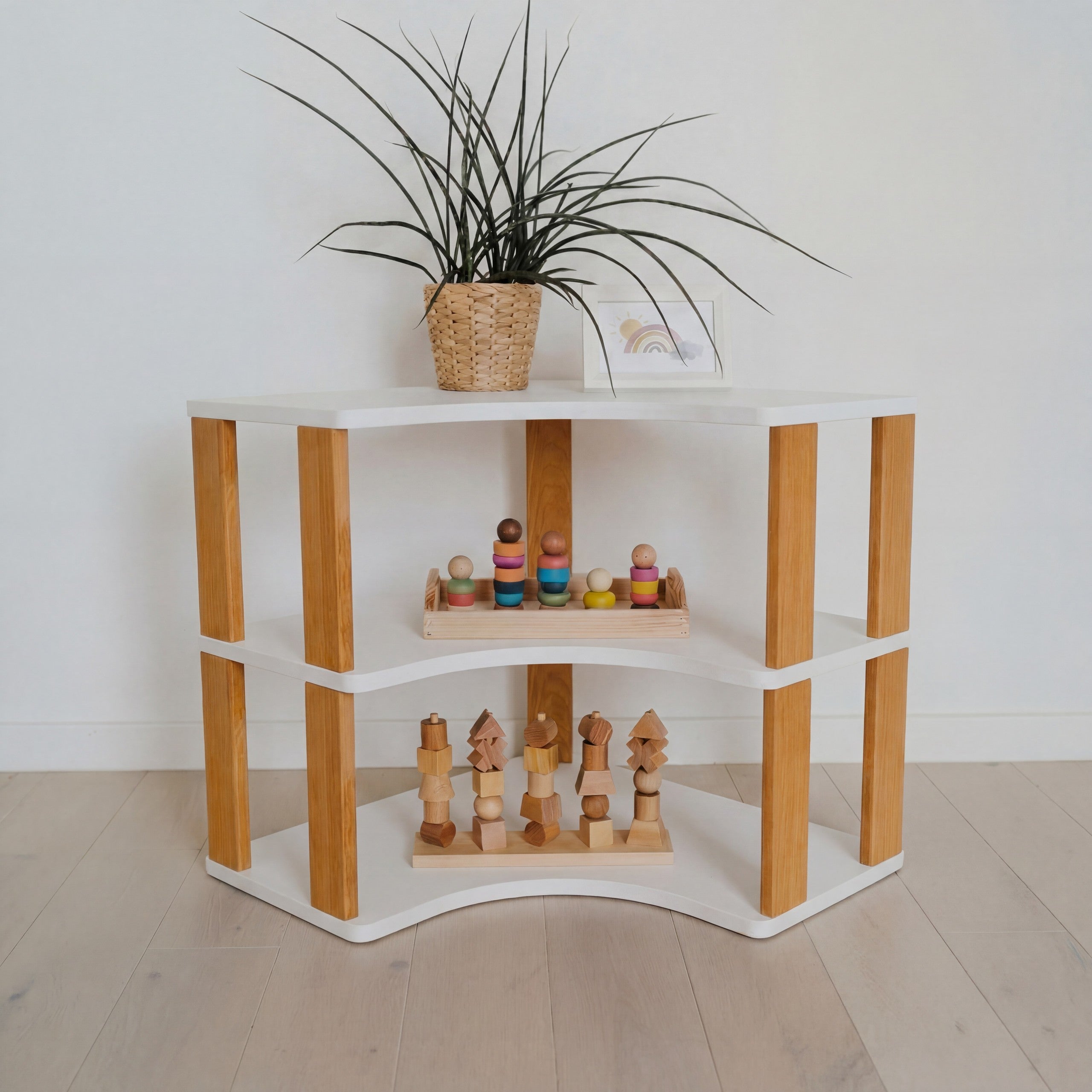 Modular Montessori Shelf Corner - 3 Shelves - White/brownish oil