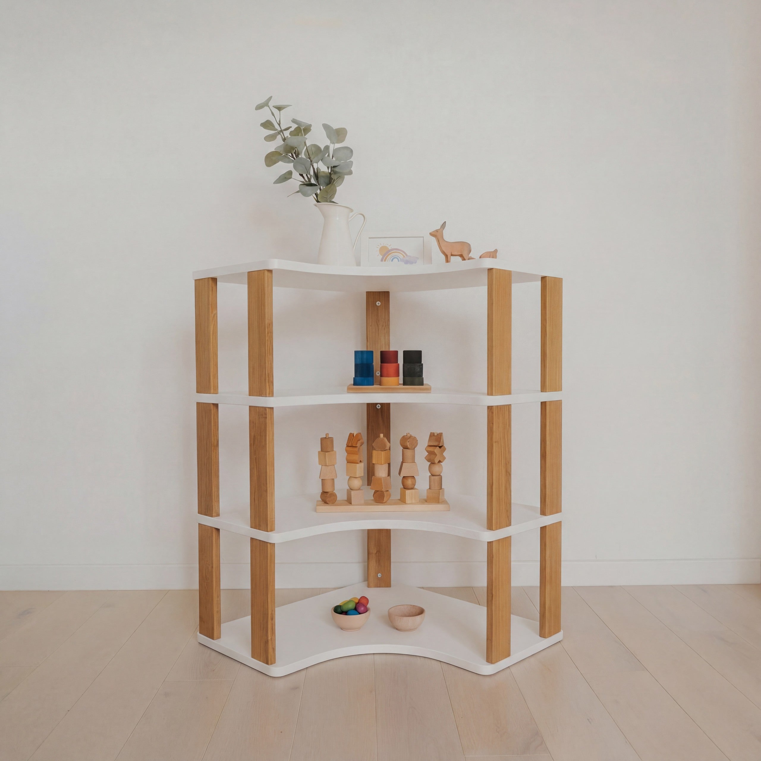 Modular Montessori Shelf Corner - 4 Shelves - White/brownish oil