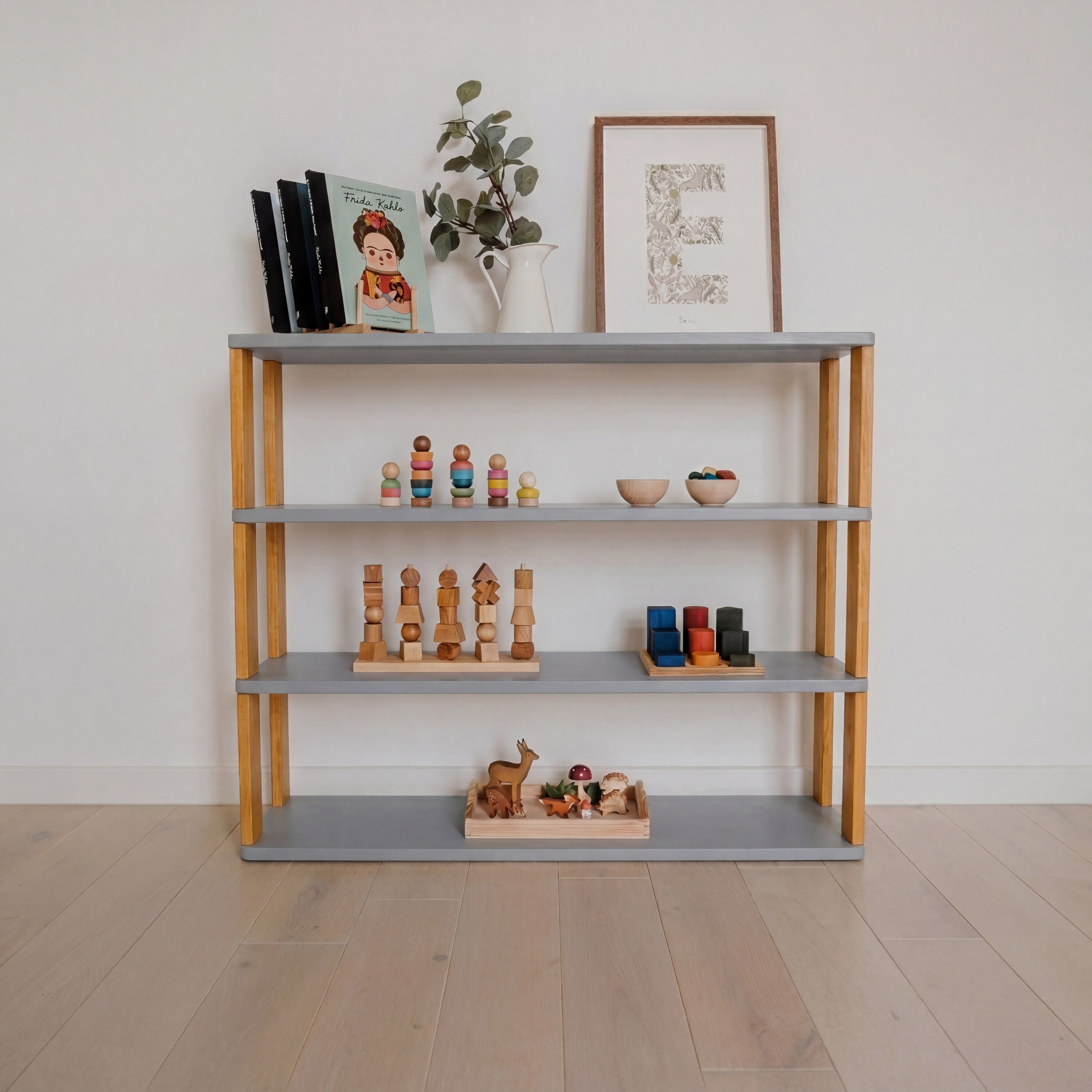Modular Montessori Shelf Straight - 4 Shelves - Light grey/brownish Oil