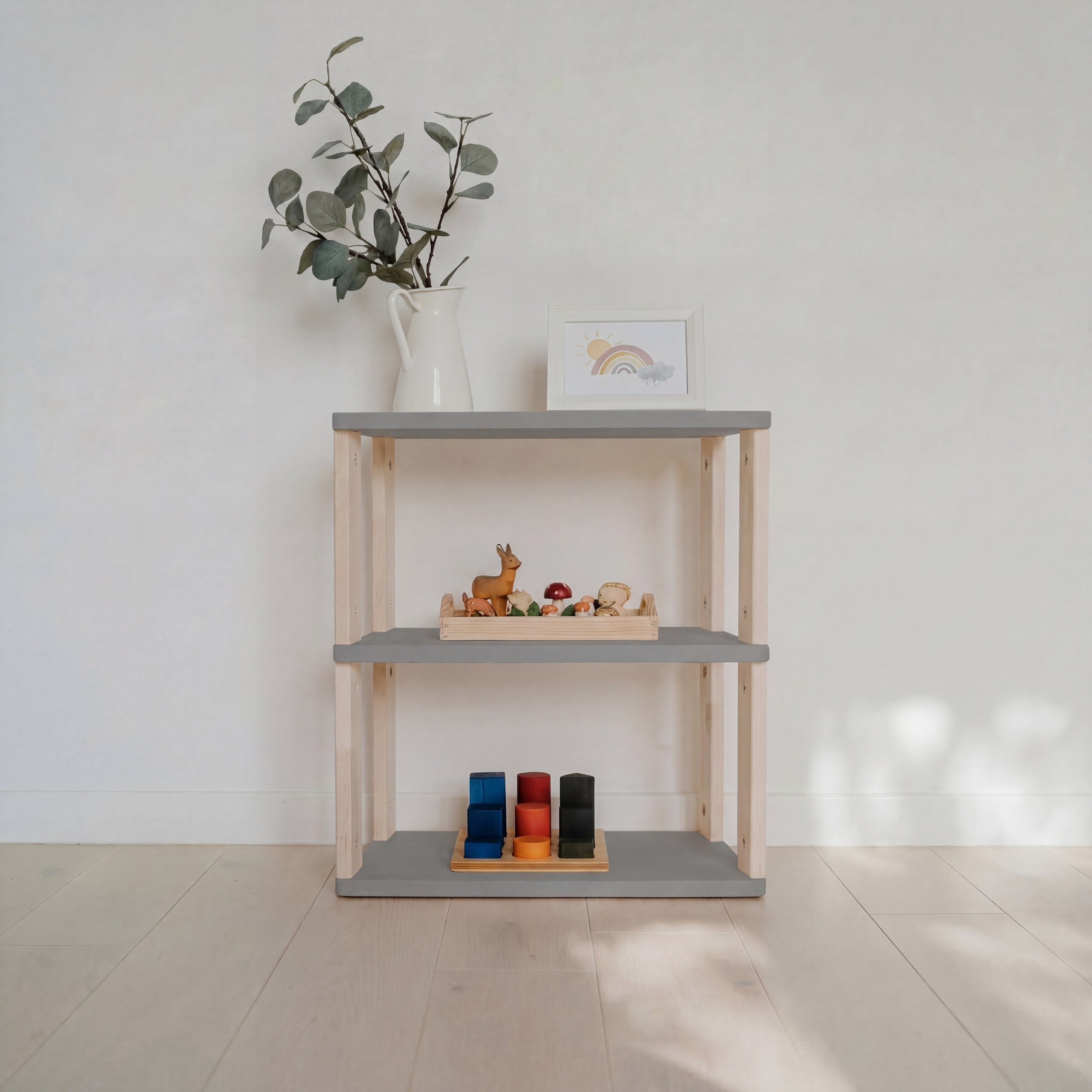 Modular Montessori Shelf Straight Mini - 3 Shelves - Light grey/clear oil