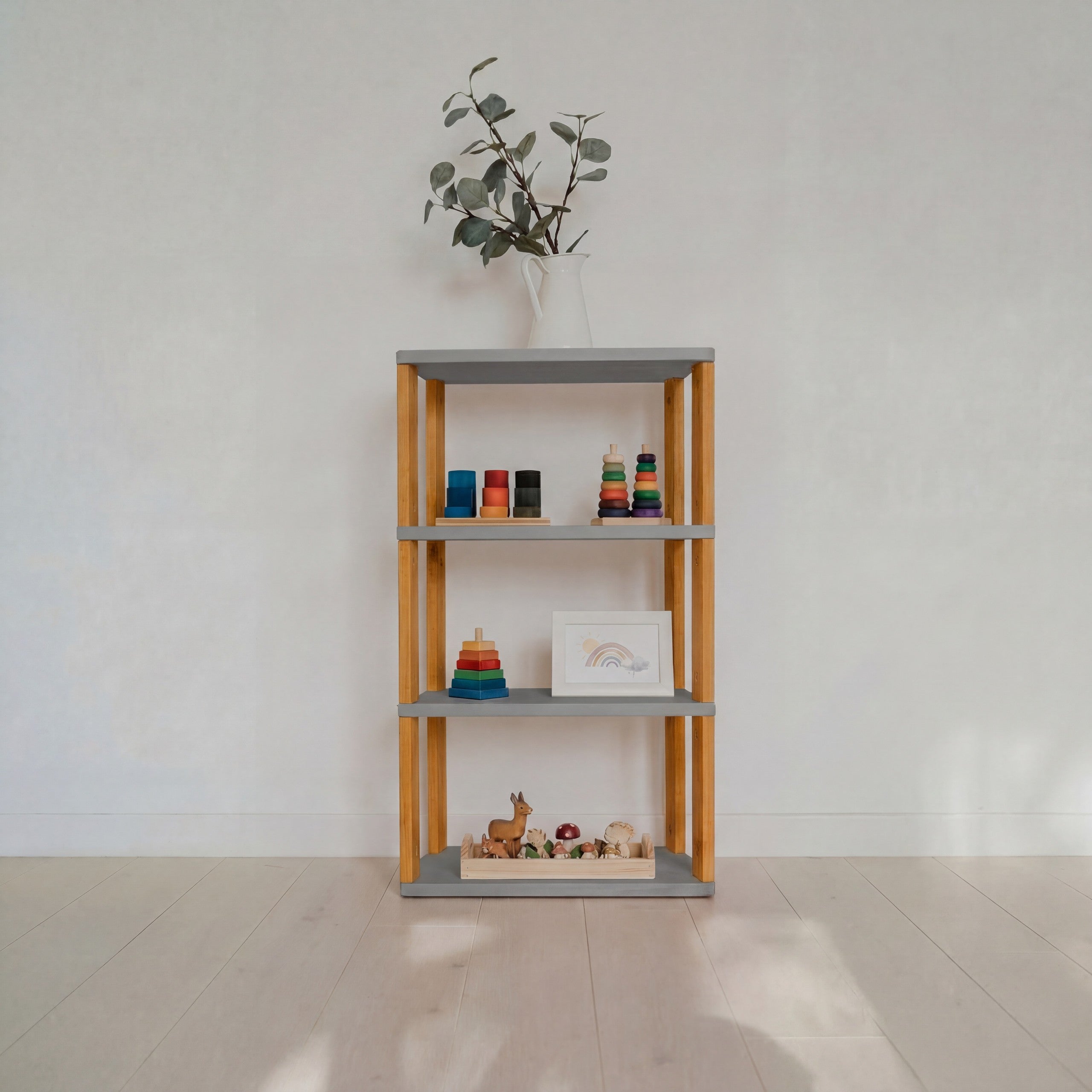 Modular Montessori Shelf Straight Mini - 4 Shelves - Light grey/brownish oil