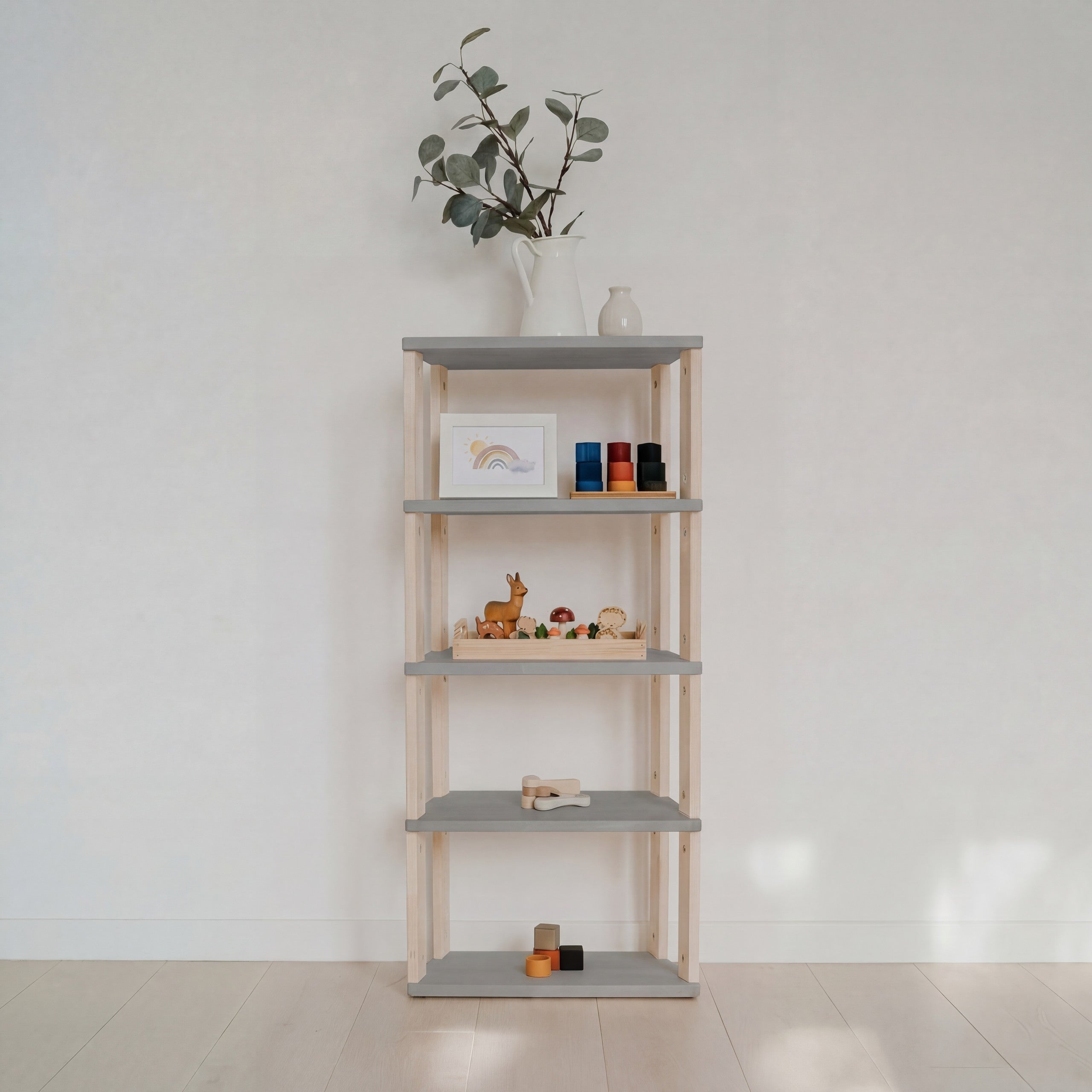 Modular Montessori Shelf Straight Mini - 5 Shelves - Light grey/clear oil