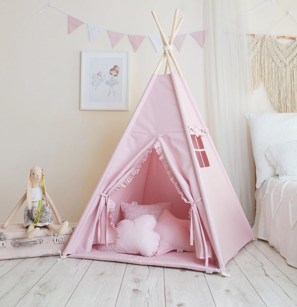 Tipi enfant rose à volants avec tapis – vue 2
