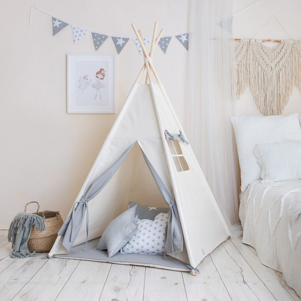Tipi enfant beige et gris avec tapis – vue 2
