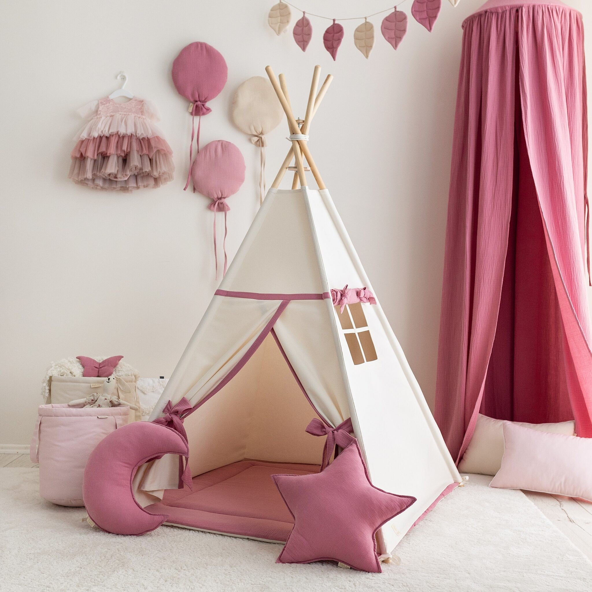 Tipi enfant beige et rose avec tapis – vue 2