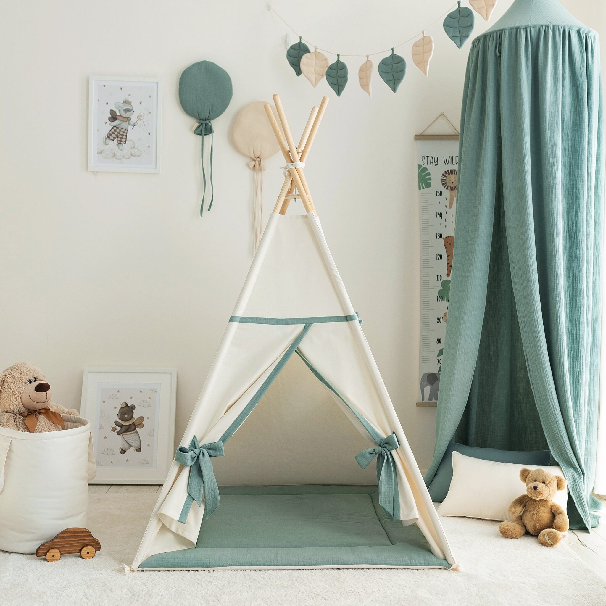 Tipi enfant beige et sauge avec tapis – vue principale