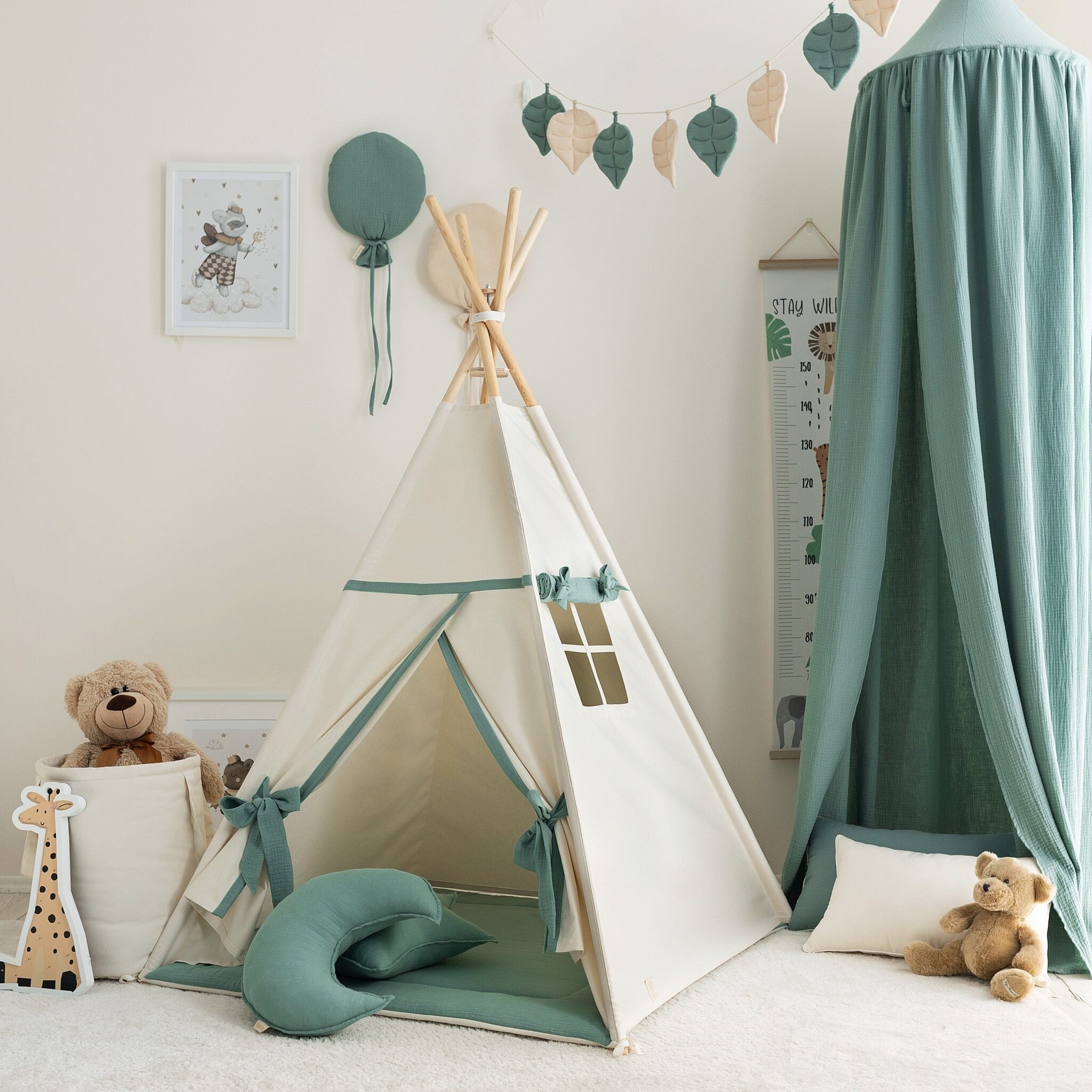 Tipi enfant beige et sauge avec tapis – vue 2