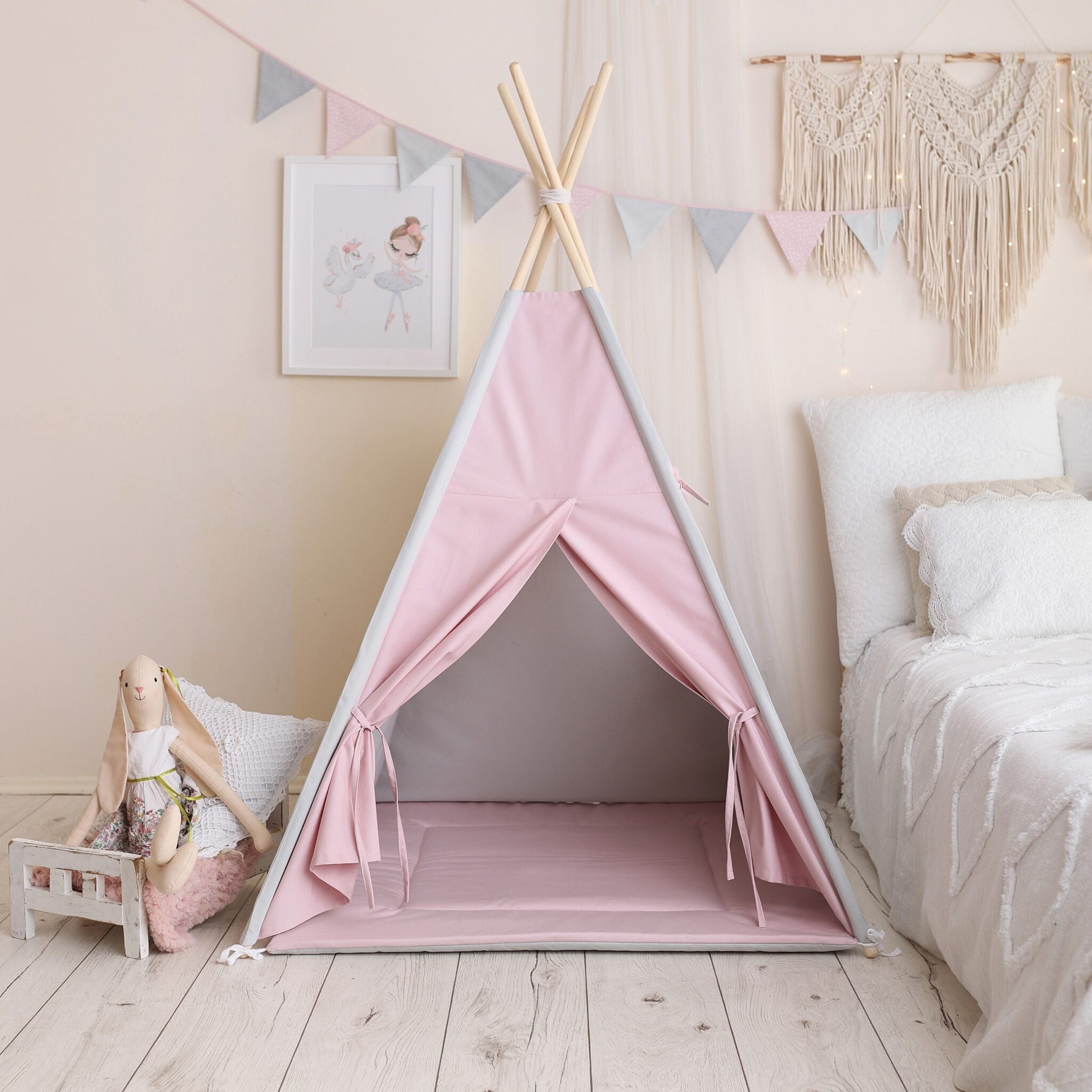 Tipi enfant gris et rose avec tapis – vue principale