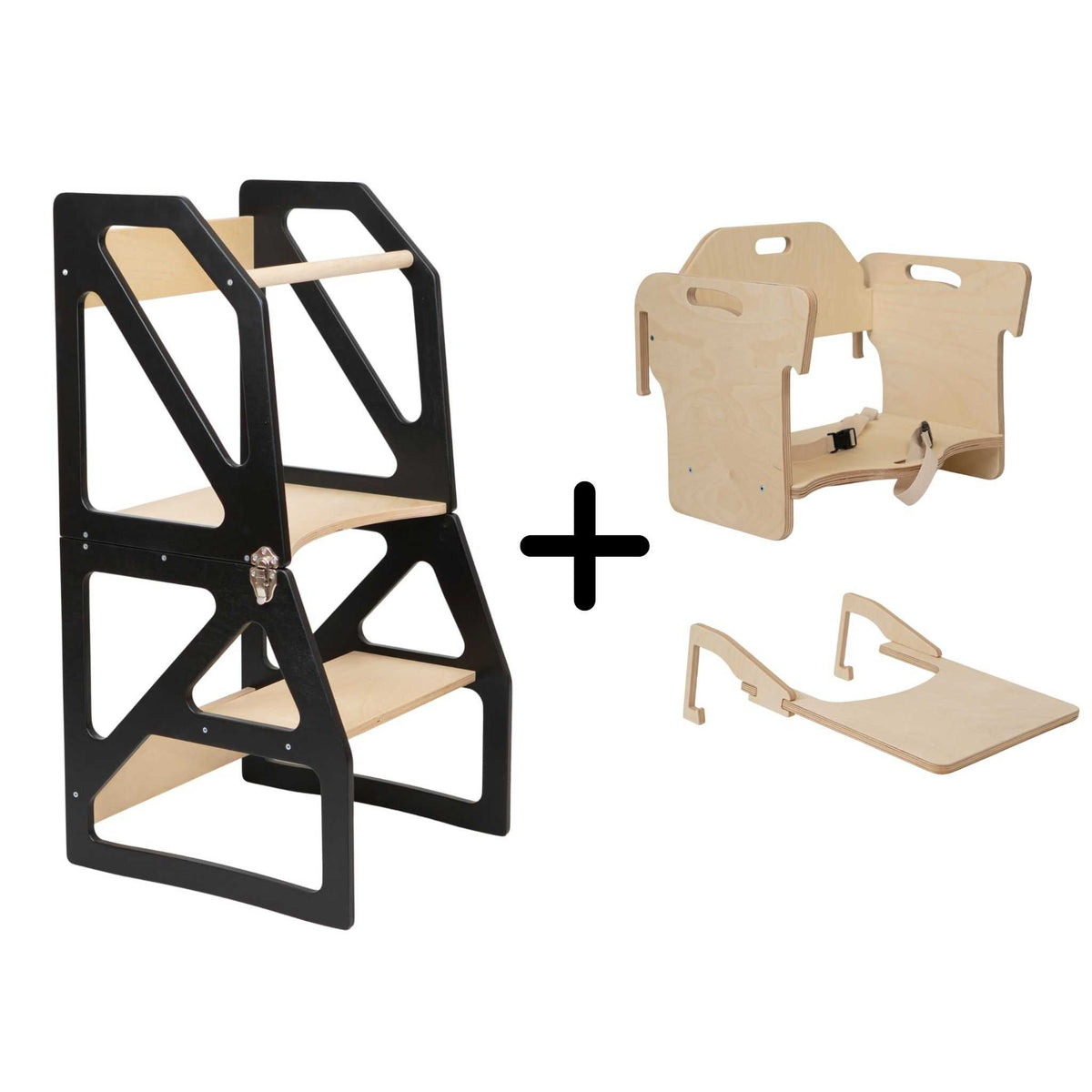 Tour d’observation Modustep avec chaise haute – Image en noir et blanc d'un objet métallique